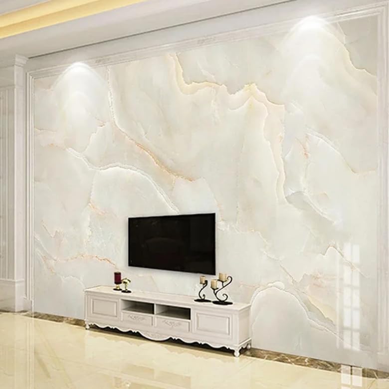 Papier peint marbre beige salon moderne derriere canape TV - 4