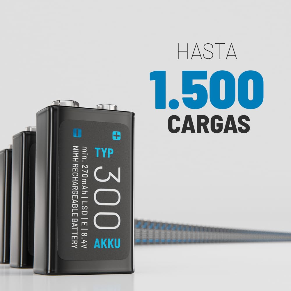 ABSINA Pilas 9V Recargables 300 con Baja Autodescarga | Paquete de 8 - Pila 9V Bloque NiMH con 8,4V y al Menos 270mAh - Bateria Recargable 6LR61 6F22