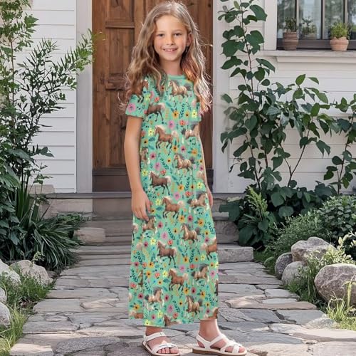 Girls Maxi Dress Kids Short Sleeve Round Neck Casual Dress with Pockets Floral Print Loose Summer Long Dresses3