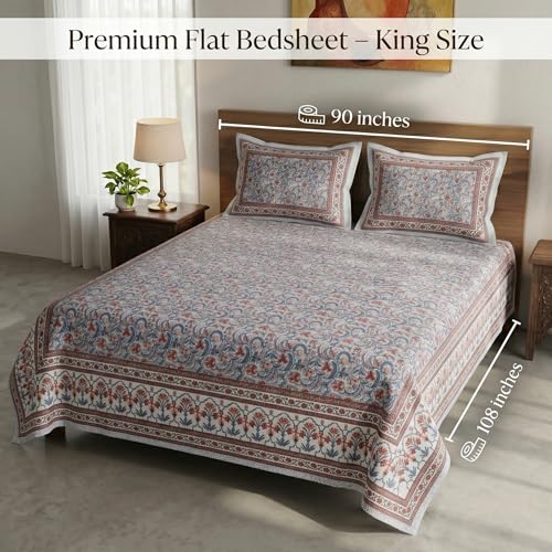 Image of Mafatlal 144 TC Heritage Queen Size (90x108 inches) Floral Printed Double Bedsheet with Pillow Covers | Soft 100% Pure Cotton Bedsheet Set | Tribal Multicolor