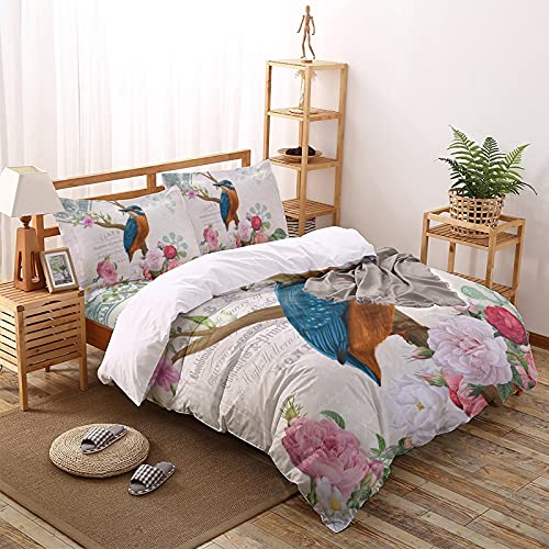 Partyshow 4 Piece Bed Sets Full, Vintage Spring Flower Kingfisher Bedroom Comforters Cover Bed Sheet With 2 Pc Pillowcases For Girls/Boys/Bedroom, Retro Letter Postage Stamp #TOP2