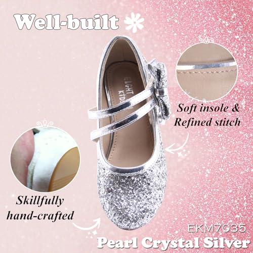 EIGHT KM Girls High Heel Dress Shoes Mary Jane Princess Wedding Party Pump Shoes EKM7035 Sparkle Glittery Crystal Pearl Bow Silver US Big Kid Size 53