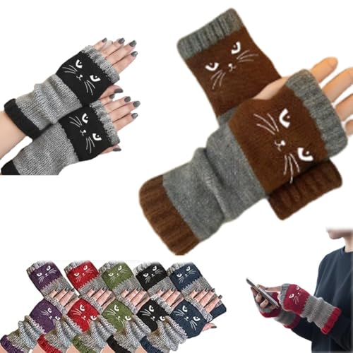 Mlthcig Damen-Strickhandschuhe ohne Finger mit niedlicher Katzenstickerei, warm, modisch, lässig, kuschelig, Geschenkidee(Braun)