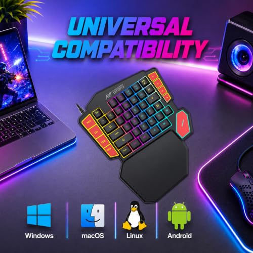 Image of Ant Esports MK1005 One Hand Gaming Keyboard - 45 RGB Backlit Keys, 3 Macro Keys (G1-G3) + REC Key, WASD /Arrow Key Swap, Ergonomic Wrist Rest, USB Type-C OTG Adapter for PC, Laptop & Mobile Gaming