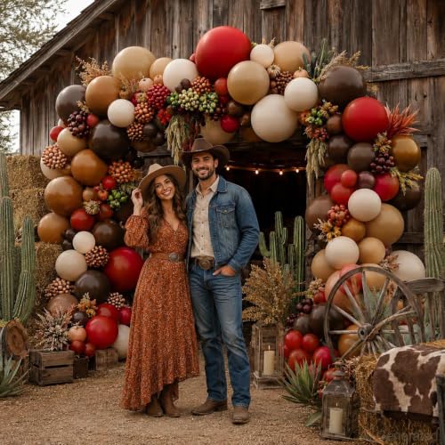 Image of Red Balloon Garland Double Stuffed Dark Red Brown Burgundy Balloons | Tan Nude White Sand Latex Balloon Arch Kit for Western Cowboy Birthday Bridal Wedding Fall Thanksgiving Party Decorations