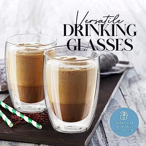 Image of KELVEE Double Wall Thermal Insulated Glass Coffee Mugs Set of 2, Transparent Drinking Glasses Iced Tea Cups for Latte, Cappuccino, Mocha, Juice, Hot & Cold Beverages (350ml)
