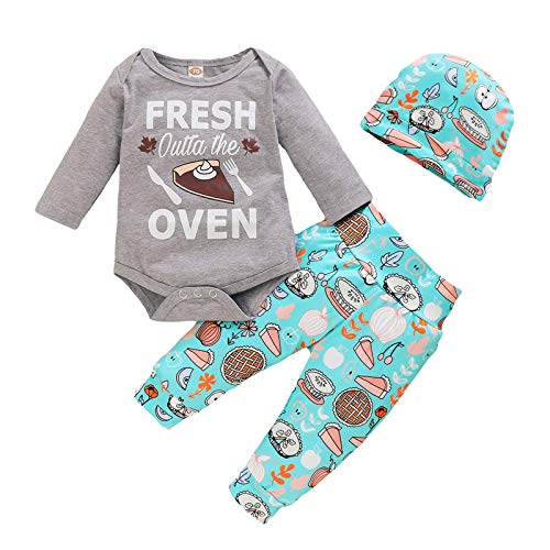 Hao571 0-24 Months Baby Boys Girls Clothes Set 3PC Fall Winter Warm Newborn Kids Baby Long Sleeve Thanksgiving Cartoon Letter Bodysuit+Pants+Hat Set
