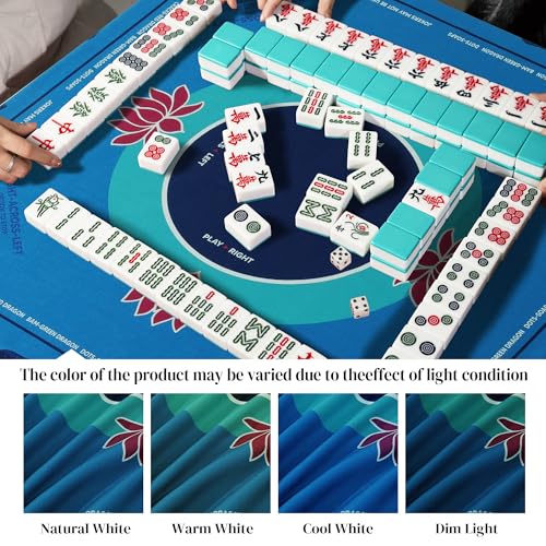 HOMBYS Elegant Lotus Mahjong Table Cloth 55x55 Inch, Square Mahjong Mat with Beginner Game Rules, Spill-Resistant Cover for Card & Tile Game Tables (Lake Blue) by HOMBYS - Used condition - Image 5