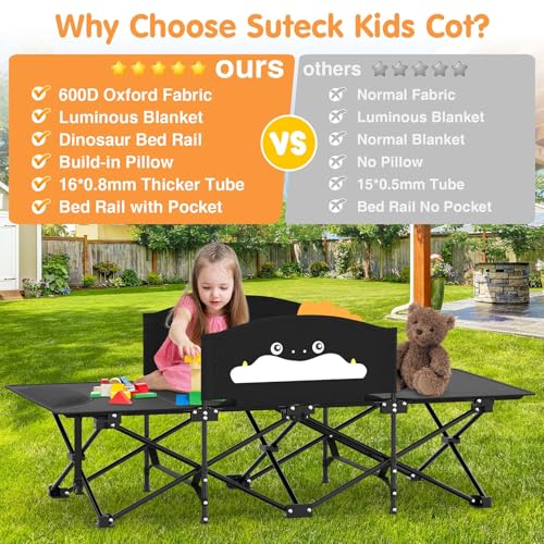 Image of Suteck Kids Camping Cot, Comfortable Toddler Cot Bed Easy to Store and Use, Portable Sleeping Cot with Guardrail, Lightweight Bed for Outdoor Indoor Home