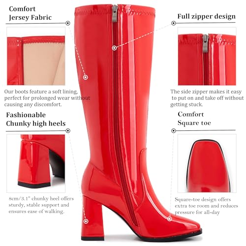 Image of Knee High Boots for Women - Wide Calf Boots with Zipper, Square Toe Tall Leather Boots, Chunky Heel Fashion Long Boots