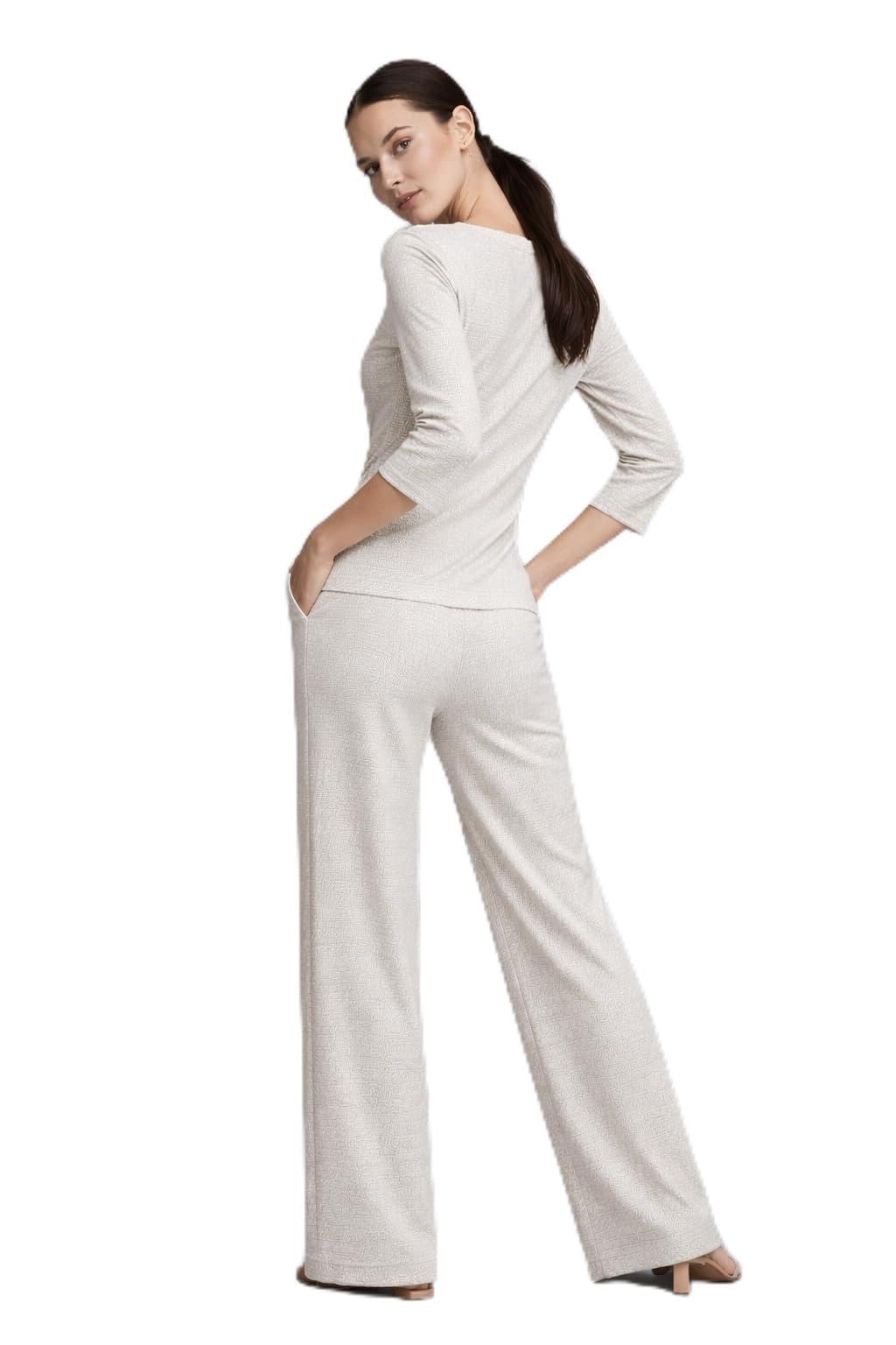 Luxe Texture Co-ord Set for Women, Jacquard Solid V-Neck Top with 3/4 Sleeves and Wide Leg Trouser Pants, Relaxed Fit, 2 Piece Set-picture-41