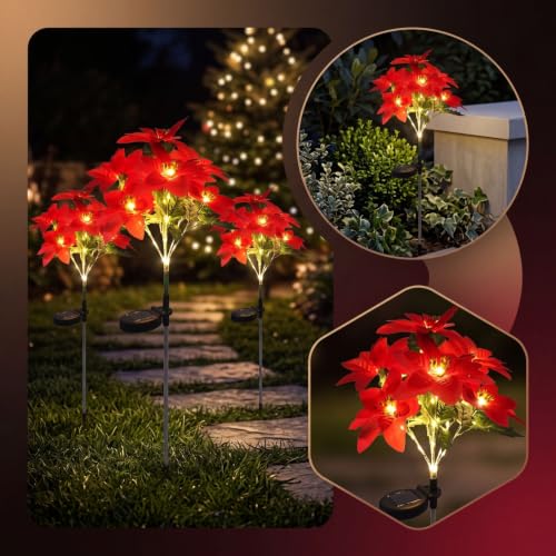 Lovskoo Solar Lights Outdoor Red Poinsettia Solar Christmas Garden Lights | Solar Christmas Pathway Stake Lights, Waterproof Outdoor Decorations for Pathway Yard Garden Christmas Decor - image 6