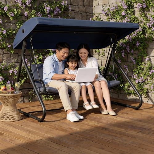 3-Seat Outdoor Convertible Swing Glider with Adjustable Canopy, 2-in-1 Bench to Flat Bed, Removable Cushions, Heavy-Duty Metal Frame, 750 LBS Weight C