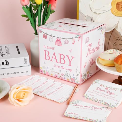51Pcs Floral Diaper Raffle Box with Tickets for Baby Shower Pink Diaper Raffle Tickets Card Box Games Kit for Baby Girls, A Sweet Baby Is On The Way Holder Box for Gender Reveal Spring Party Supplies - Thumbnail 4