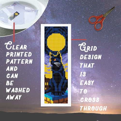 Image of BEUNITONE 6 Pcs Cross Stitch Bookmark Kit for Beginner Black Moon Animals Counted Cross Stitch Kit with Instruction Stamped Embroidery Bookmarks Handmade for DIY Crafts Book Lovers 8.5''x3''
