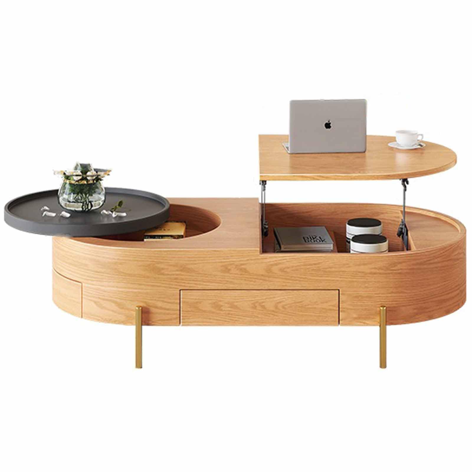 ダークブラウン楕円形木製テーブル 伸縮機能付き