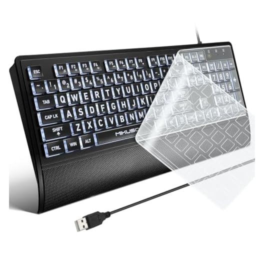 MIKUSO Large Print Backlit Keyboard for Seniors and Low Vision, High Contrast Oversized Letters Full Size USB Wired Computer Keyboard with Silicone Cover, Wrist Rest & White LED.No Glare (Black)