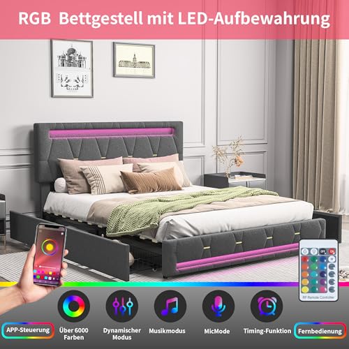 Hoscullo Polsterbett 140x200 cm mit 4 Schubladen,Jugendbett mit LED und Stauraum, Verstellbarem Kopfteil, Modern Doppelbett, Stauraumbett, Funktionsbett, Schlafzimmer Bett, Grau, Leinen – Bild 4