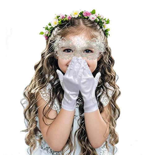 YukaBa First Communion Gloves with Rhinestone Cross for Girl and Boy, L7.1 in*W2.9in Medium