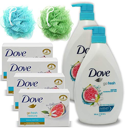 Body Wash Dove Go Fresh For Women Kit: 2 Pack 27 Oz Blue Fig And Orange Blossom Bodywash Shower Gel & 4 Pack 4.75 Oz Dove Blue Fig And Orange Blossom Bar Soap & Aqua & Green Loofah Bath Sponge Puff.