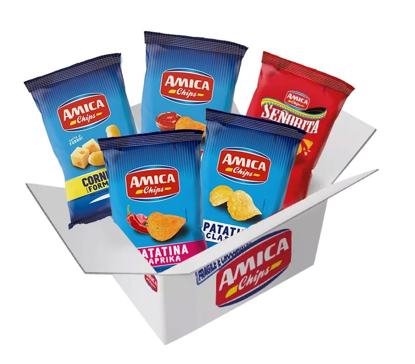 AMICA Chips | MISTO PARTY BOX, Box di Snack Salati Misti, Patatine Classiche, Grigliate, Paprika, Ketchup, Tortilla, Bibip Formaggio, Cornetti Formaggio, 50 Sacchetti Misti