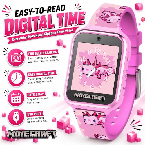 Reloj inteligente Minecraft para niños con diseño de ajolote rosa y cámara 3