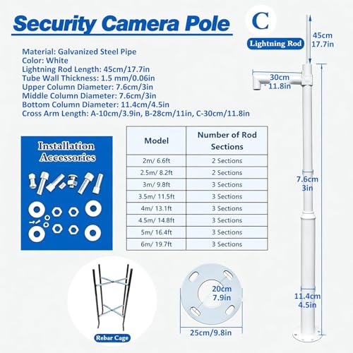 Support de caméra de sécurité sur poteau 1m surveillance à 4 bras