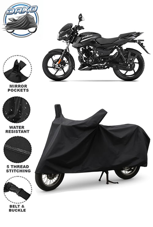 Image of DAXO Waterproof Bike Cover for Bajaj Pulsar 125 | All Weather Protection from Rain, Dust, UV Rays & Scratches with Mirror Pockets & Buckle Belt | Pulsar 125 Bike Cover