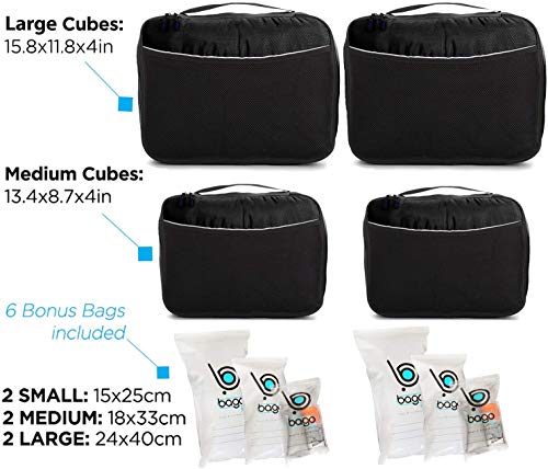 Bago Packing Cubes For Suitcases & Travel Bags - 7Pcs Luggage & Suitcase Organizer Bags Set - Compression Packing Cubes For Travel Organizer - 4 Travel Cubes Plus 3 Zip Bags (Black) #TOP1