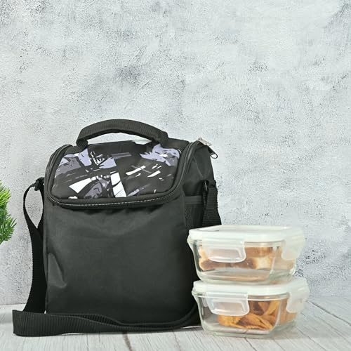 Image of Femora Borosilicate Glass Container Lunch Box with Bag for Office, School, Black, Square, 300 ML (2 Container+ 1 Bag)