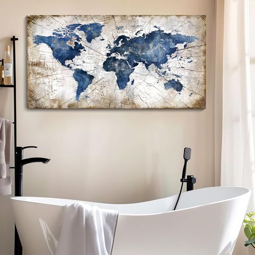 Image of World Map Canvas Wall Art Abstract Navy World Maps for Wall Vintage Modern Wall Art for Office Framed Pictures for Living Room Bedroom Wall Decoration for Home Office Decor Artwork for Walls 24x48IN