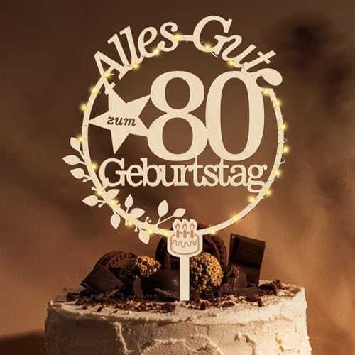 Giftota Holz Cake Topper mit LED Lichterkette - 80. Geburtstag Deko - Tortendeko für Frauen & Männer