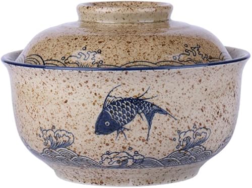 6.5 nch - Tazón de avena de cerámica retro con tapa para sopa de fideos ramen, vajilla de ensalada de frutas personalizada estilo japonés (6.5