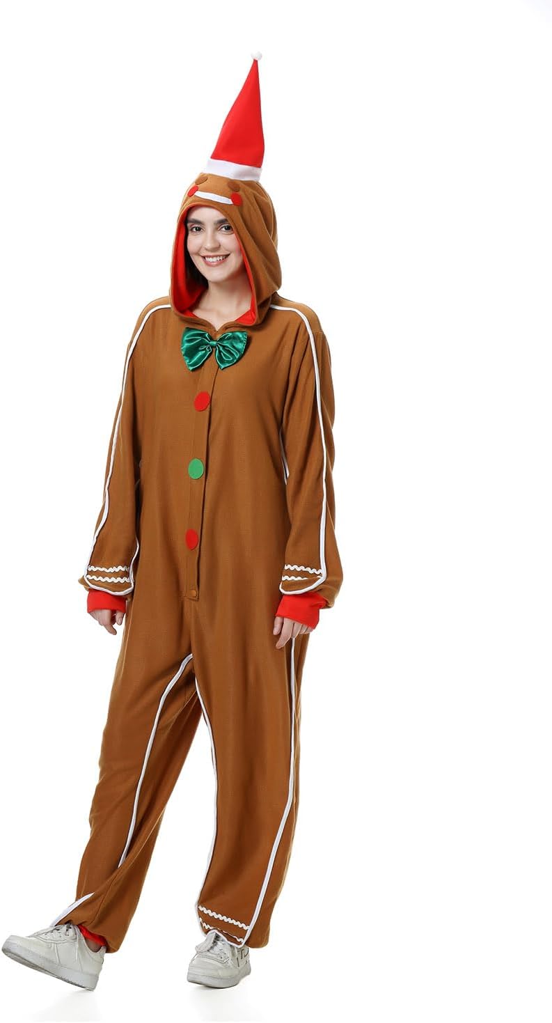 Gingerbread Men Costume for Unisex Adults, Gingerbread Onesie for Women Men Christmas Jumpsuit Funny Cosplay