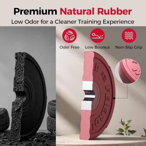 Image of FEIERDUN Color Bumper Plate Set, 2-Inch Olympic Weight Plates, Low Bounce Rubber Barbell Plates with Stainless Steel Insert for Weightlifting, Strength Training, CrossFit & Home Gym, 10LB-370LB
