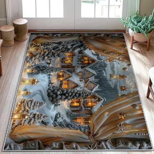 Cottage Area Rug, Winter Cozy Snow Tree Winter White Non-Slip