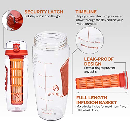 Hydracy Fruit Infuser Water Bottle - 32 Oz Sports Bottle - Time Marker & Full Length Infusion Rod + 27 Fruit Infused Water Recipes Ebook Gift - Lava Orange #TOP1