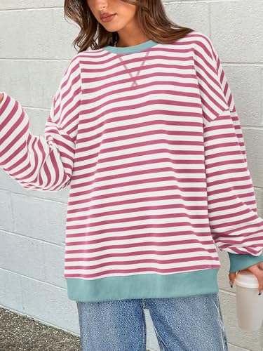 Image of PRETTYGARDEN Womens Striped Oversized Sweatshirt Color Block Crew Neck Long Sleeve Casual Loose Pullover Top Y2K Clothes
