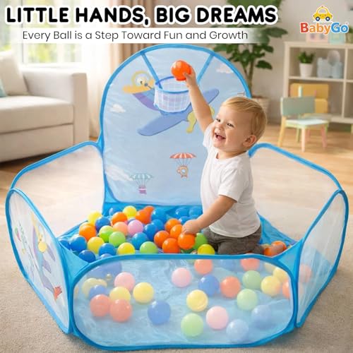 Image of BabyGo Kids Activity Basketball Aeroplane Ball Pool for Kids, Play Tent House for 2+ Year Old Girls and Boys, Ball Pit for Kid, Spacious, Lightweight, Portable & Easy to Set Up (Blue) (No Balls)