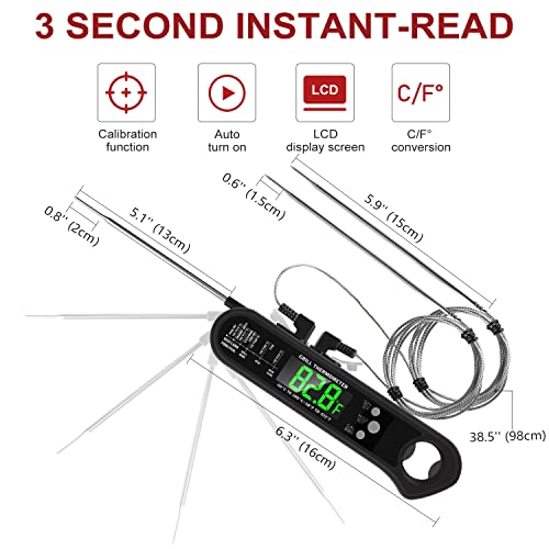 3 In 1 Digital Meat Thermometer, Instant Read Food Thermometer With 2 Detachable Wired Probe, Calibration, Alarm Function, Lcd Backlight For Grilling, Cooking, Bbq, Kitchen #TOP4