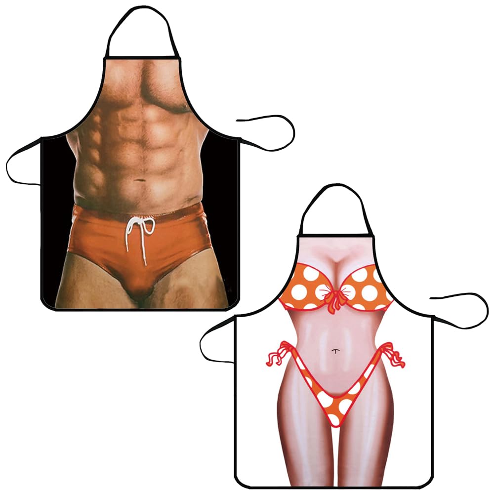HGOCAHUZI 2 Pcs Funny Novelty Sexy Apron & Bikini Woman Aprons Adjustable Kitchen Cooking Apron Funny Gifts for Men Women Cooking BBQ Grilling Baking