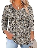 Romanstii Plus Size Tops for Women Floral V Neck T Shirts 3/4 Sleeve Blouses Pleated Tee Fall Clothes, 3XL
