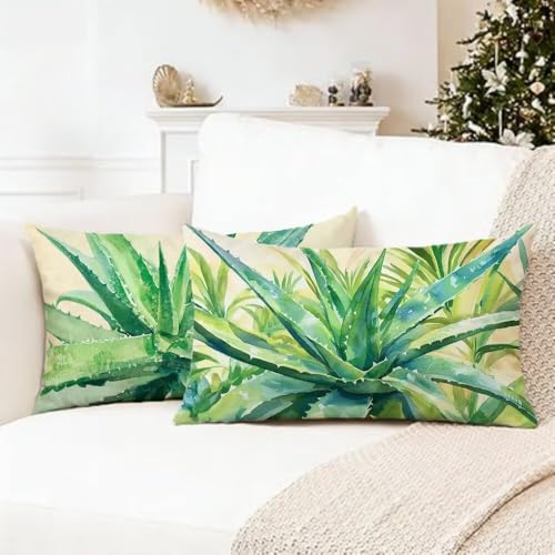 Funda Almohada 40 x 80 cm Verde Funda de Almohada Aloe Vera Cojines Sofa, Cojine para Sofa,Patrón Doble Cara con Cremallera Oculta Cojines Cama Decorativos, Regalos para Mujer 0R-435
