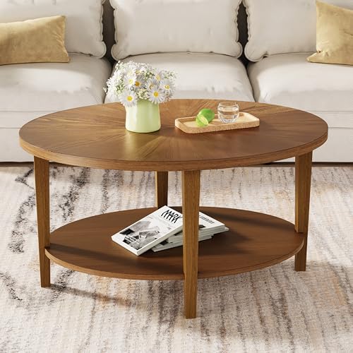 BRRITLE Solid Wood Oval Coffee Table for Living Room, 2 Tier Farmhouse Coffee Table with Storage Shelf, Double Layer Center Table for Living Room, Easy Assembly