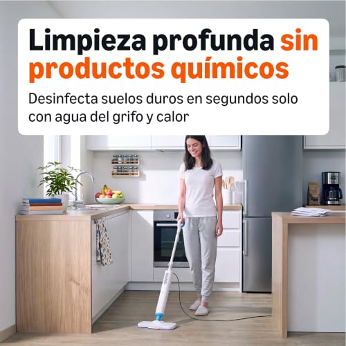 Miniatura 3 de Amazon Basics Mopa a Vapor para Limpieza de Suelos Duros con Depósito de 450ml, Cable de 6m, 3 Almohadillas Lavables, Blanco