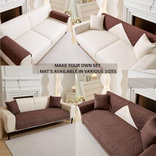 Image of HOMETHREADS Premium Cotton Sofa Cover Mat with PVC Backing for Non-Slip Comfort (Brown, 4 Seater | 70x210cm)