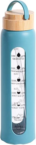 Botella de agua de vidrio de 32 onzas con funda de silicona, tapa de bambú de boca ancha, botella de agua motivacional con marcador de tiempo,