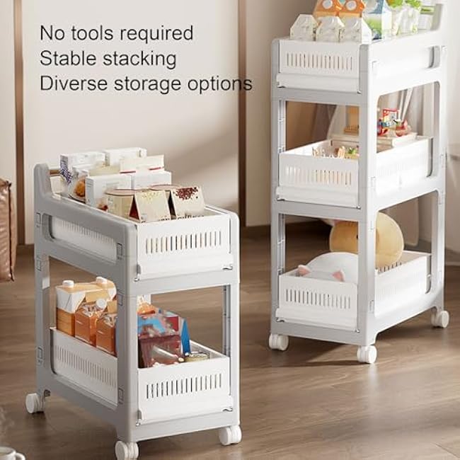 Wheel storage trolley, Multi Tier Rolling Organizer for Kitchen, Bathroom, Bedroom, White, Easy to Assemble. (3rd floor)-VCKND1UC