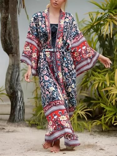 Robe de plage vintage fluide à imprimé floral rose et manches chauve-souris