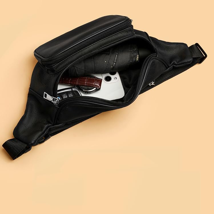 Fanny Packs Belt Bum Chest Cross Body Waist Bag for Men Women Genuine Leather Black